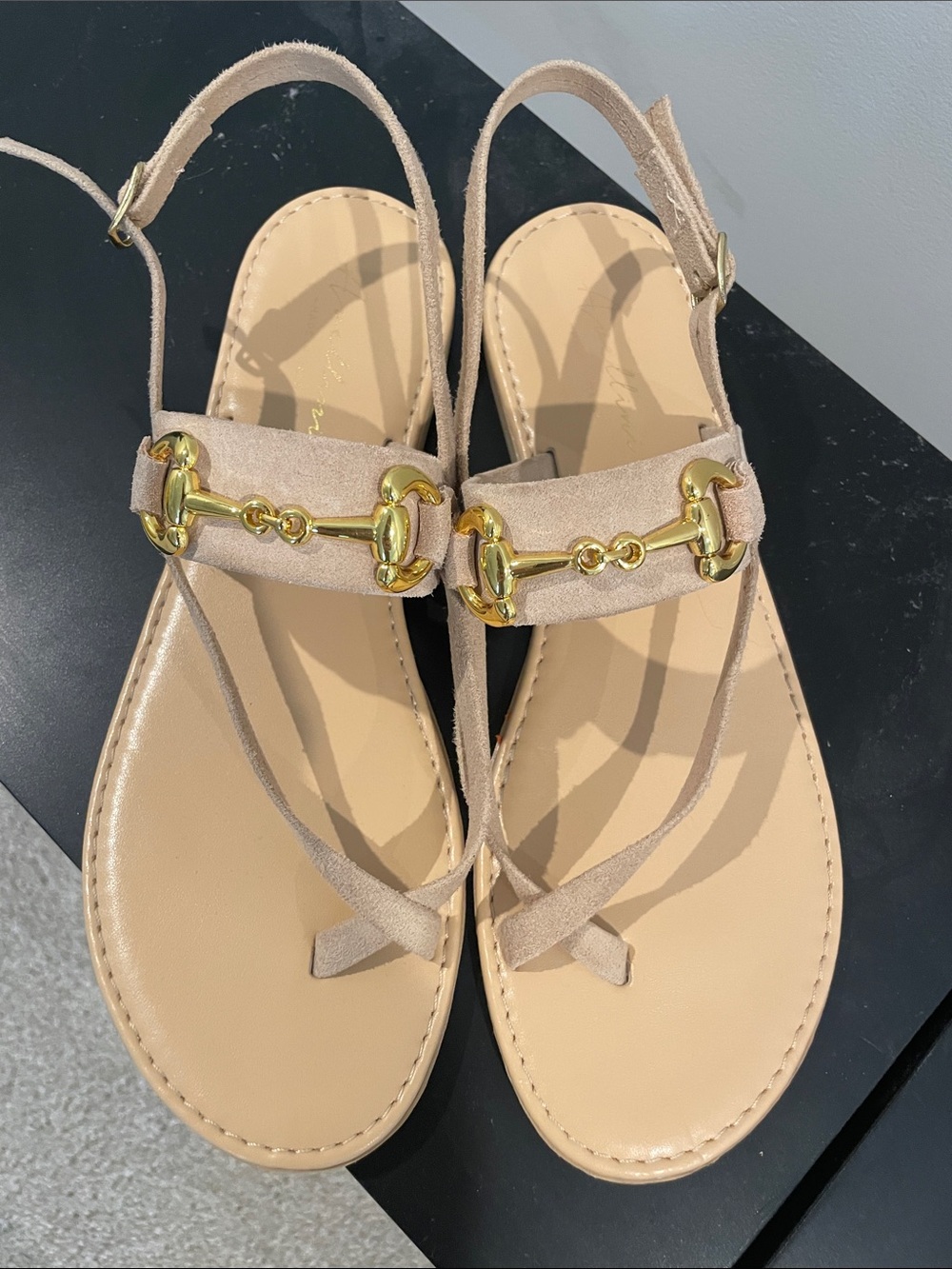 Beige Suede Gold-Accent Women's Slingback Sandals